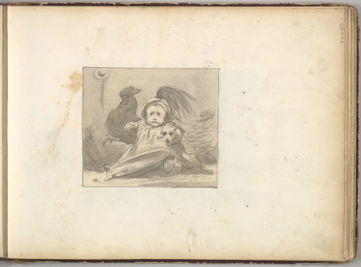A Baby in 16th century Dress with a Rooster and a Dog by Frederic Leighton, drawing, 1844-1854