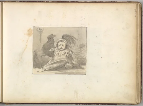 A Baby in 16th century Dress with a Rooster and a Dog by Frederic Leighton, drawing, 1844-1854
