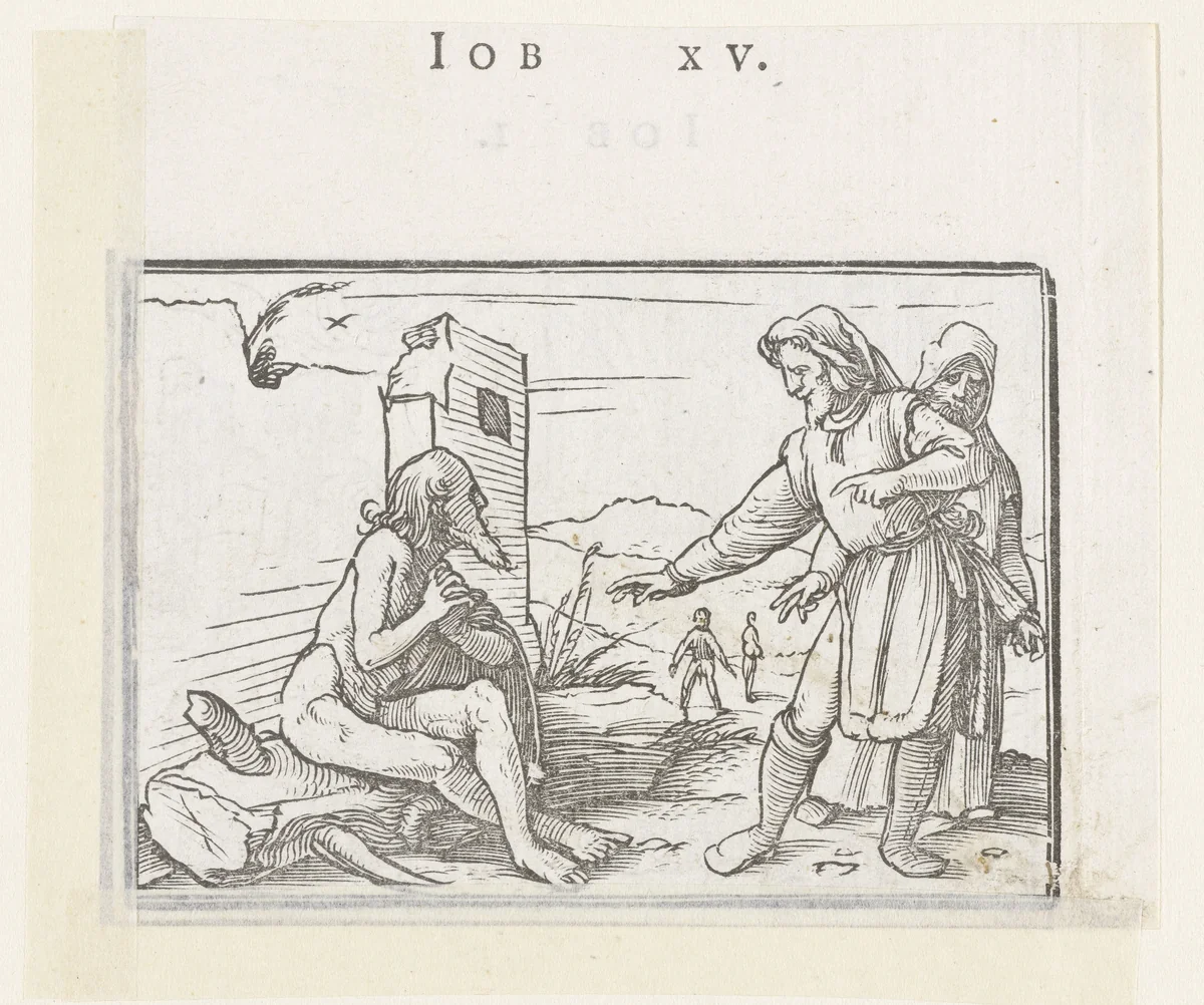Job in discussie met vrienden by Hans Holbein, print, 1538
