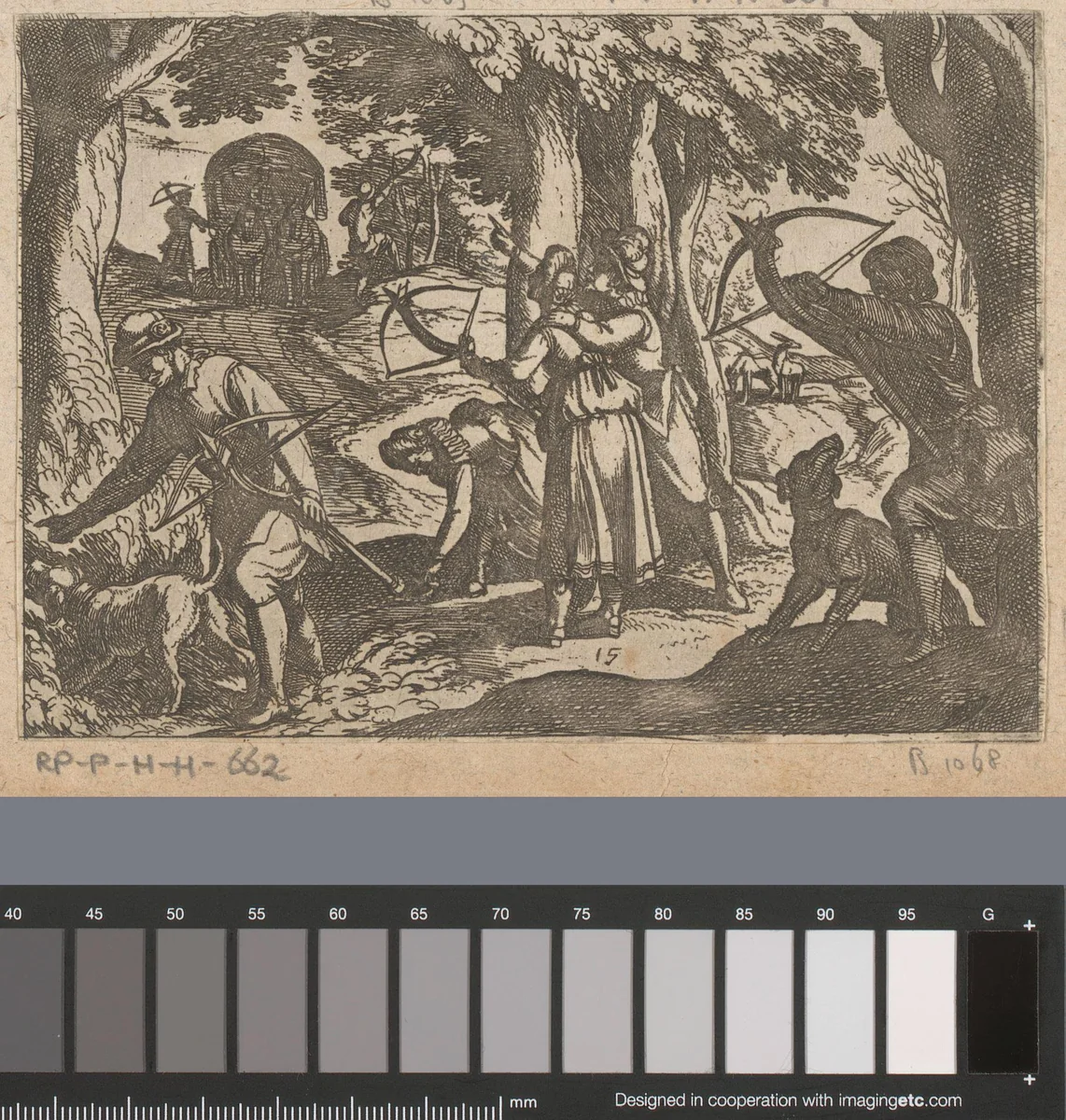 Jagers schieten met kruisbogen op vogels by Antonio Tempesta, print, 1598