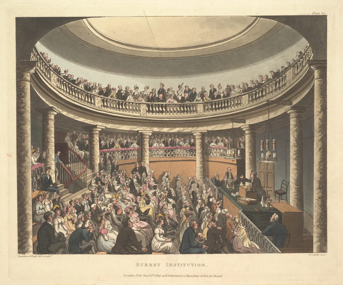 Surrey Institution, plate 81 from "Microcosm of London" by Thomas Rowlandson, print, 1809