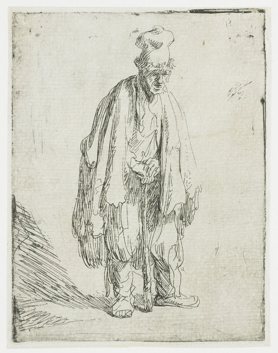 Bedelaar met hoog hoofddeksel, leunend op een stok by Rembrandt van Rijn, print, 1629