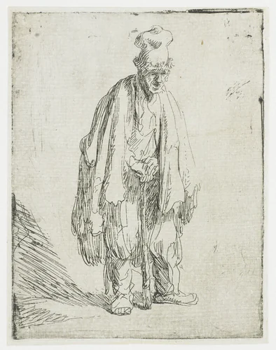 Bedelaar met hoog hoofddeksel, leunend op een stok by Rembrandt van Rijn, print, 1629