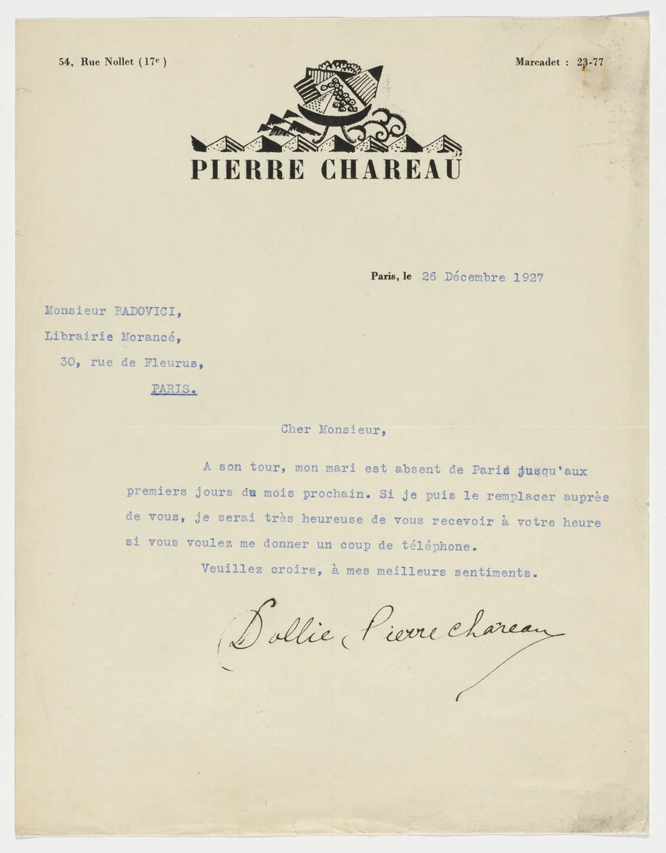 Pierre Chareau letterhead (Letter from Dollie Chareau to Jean Badovici) by Pierre Chareau, design, 1927