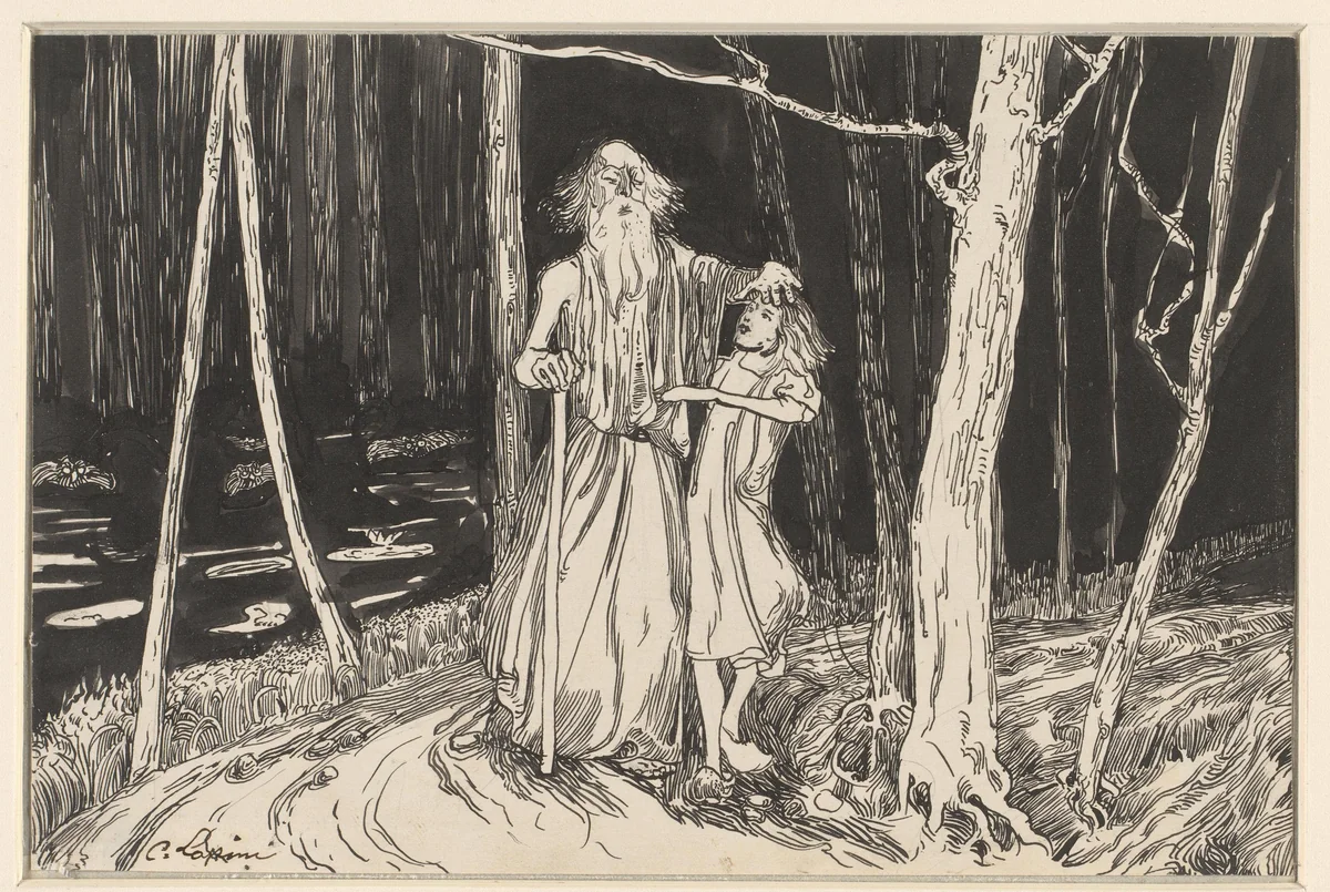 Jongen die een oude blinde man door een bos leidt by C. Lapine, drawing, 1897