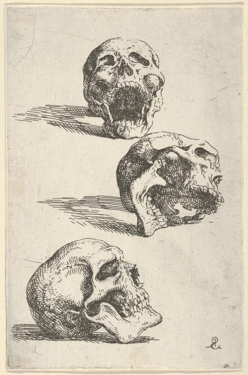 Three human skulls, study for "Democritus in Meditation" by Salvator Rosa, print, 1662