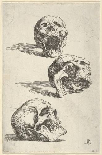Three human skulls, study for "Democritus in Meditation" by Salvator Rosa, print, 1662