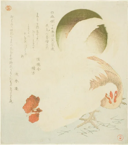 Cock, Hen, and Rising Sun, from the series "Seven Bird-and-flower Prints for the Fuyo Circle of Kanuma in Shimotsuke Province (Yamagawa Shimotsuke Kanuma Fuyo-ren kacho nanaban tsuzuki no uchi)" by Kubo Shunman (窪俊満), print, 1805-1815