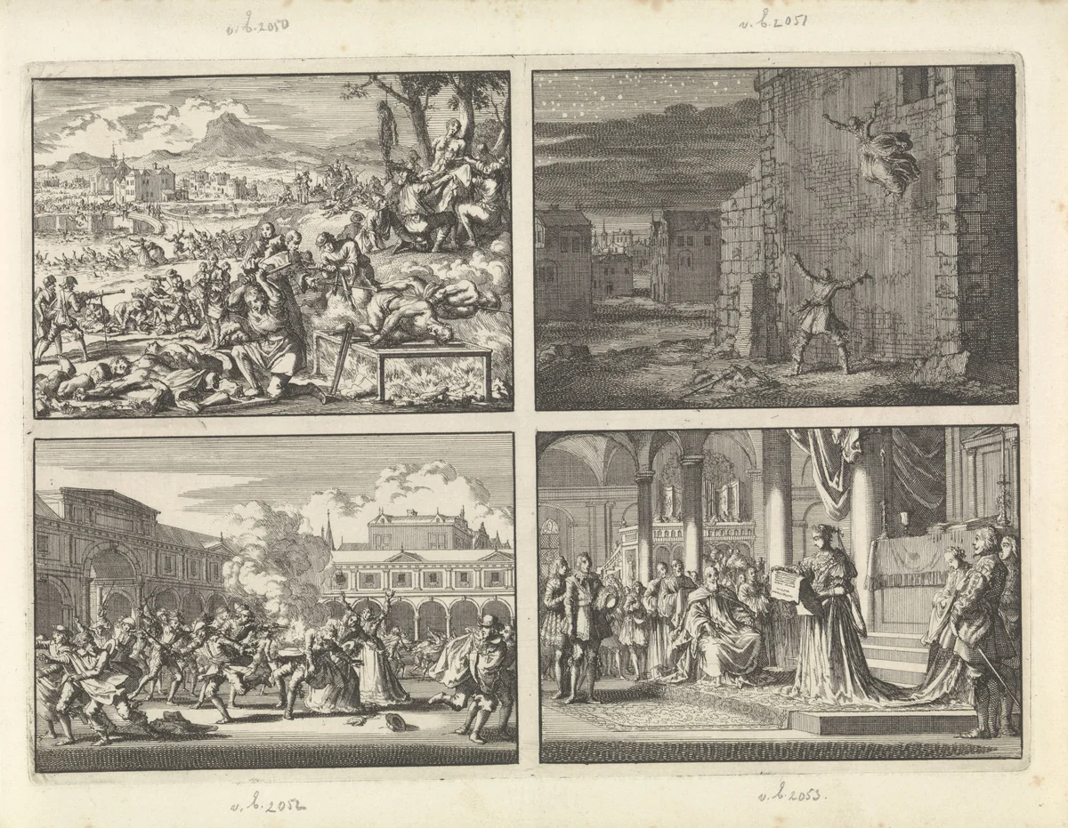 Vervolging van protestanten in Ierland, 1641 / Gravin van Aubigny ontsnapt uit haar gevangenis in Londen door uit het venster te springen, 1643 / Mannen uit het gevolg van de Portugese gezant te Londen schieten op de beurs Harcourt Greenway overhoop, 1653 / Kerk te Innsbrück waar Christina van Zweden haar verklaring van haar overgang naar de katholieke kerk voorleest, 1655 by Jan Luyken, print, 1698