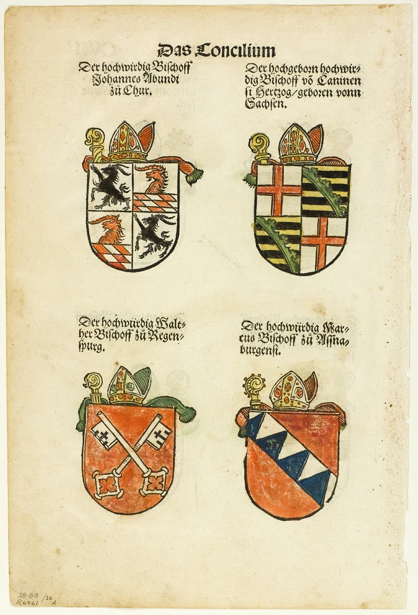 Coats of Arms of Bishops (recto and verso) from Das Concilium so zu Constantz, plate 26 from Woodcuts from Books of the XVI Century by Jörg Breu, print, 1536