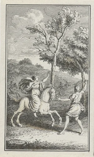 Vrouw te paard by Jacob Folkema, print, 1703-1767