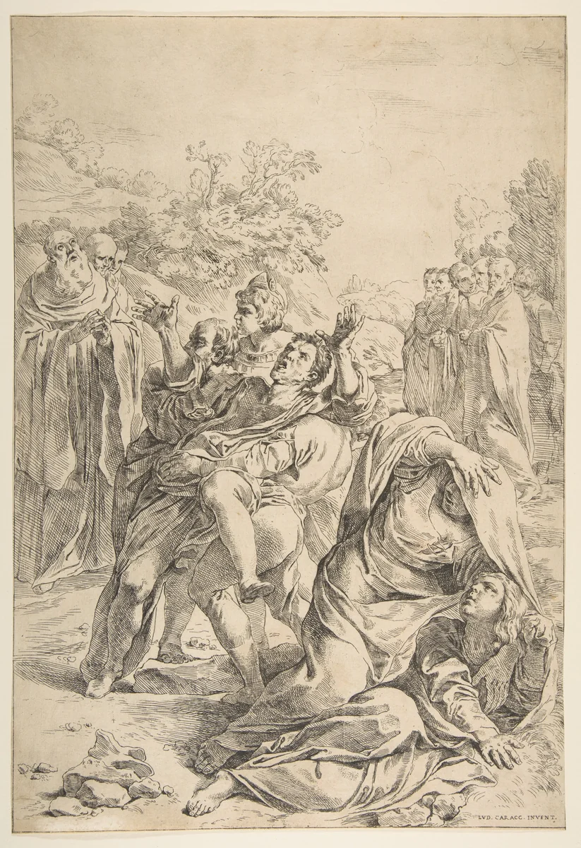Saint Benedict exorcising a demon by Simone Cantarini, print, 1632-1642