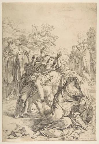 Saint Benedict exorcising a demon by Simone Cantarini, print, 1632-1642
