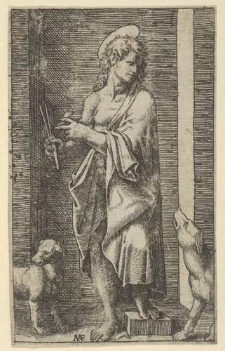 St Lazarus flanked by two dogs, from "Piccoli Santi" (Small Saints) by Marcantonio Raimondi, print, 1495-1532
