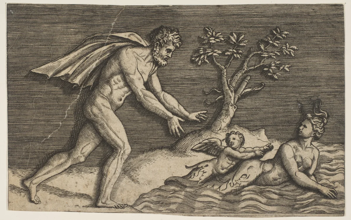 A naked man pursing a naiad and a cupid into the water by Marco Dente, print, 1510-1532