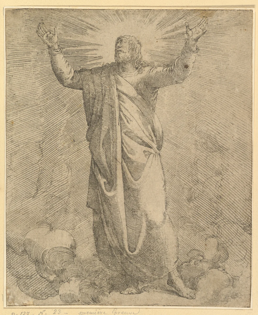 The Saviour Covered in a Large Cloak by Battista Franco, print, 1510-1561