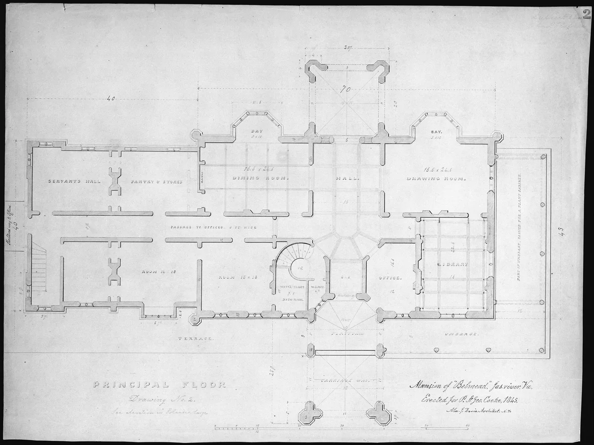 Belmead, Virginia, for Philip St. George Cocke (plan of principle floor) by Alexander Jackson Davis, drawing, 1845