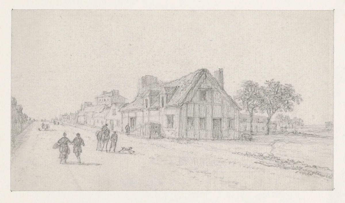 Landweg met voetgangers en ruiter, rechts een boerderij by Georges Michel, drawing, 1773-1843