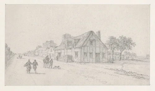 Landweg met voetgangers en ruiter, rechts een boerderij by Georges Michel, drawing, 1773-1843