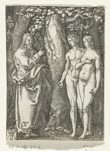 God waarschuwt Adam en Eva by anonymous, print, 1603