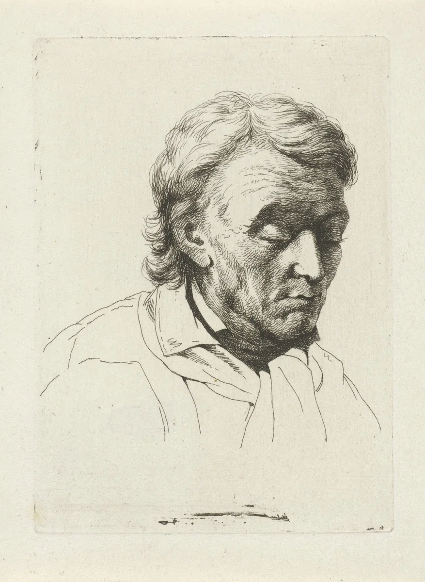 Portret van een oude man met gesloten ogen by Jean Zacherie Mazel, print, 1802-1884