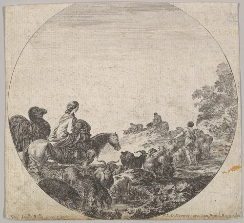 Plate 5: a woman carrying a child on a horse to left, a camel following her, a herd of goats, sheep, and a shepherd in front of her to right, from "Roman landscapes and ruins" (Paysages et ruines de Rome) by Stefano della Bella, print, 1638-1648