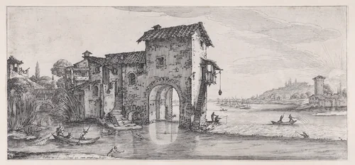 Le Moulin a Eau (The Water Mill), from "Paysages Gravés pour Jean de Médicis appelées aussi Paysages Dessinés a Florence, Vues de Florence, Paysages d'Italie, et Paysages Définitifs" (Landscapes Engraved for Giovanni de'Medici, Landscapes Designed in Florence, Views of Florence, Landscapes of Italy, and Definitive Landscapes) by Jacques Callot, print, 1613-1623