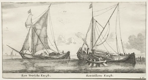 Various Ships and Views of Amsterdam (Verscheÿde Schepen en Gesichten van Amstelredam), Part II: A Frisian Bilander. A Geldersche Bilander by Clement de Jonghe, print, 1652-1654