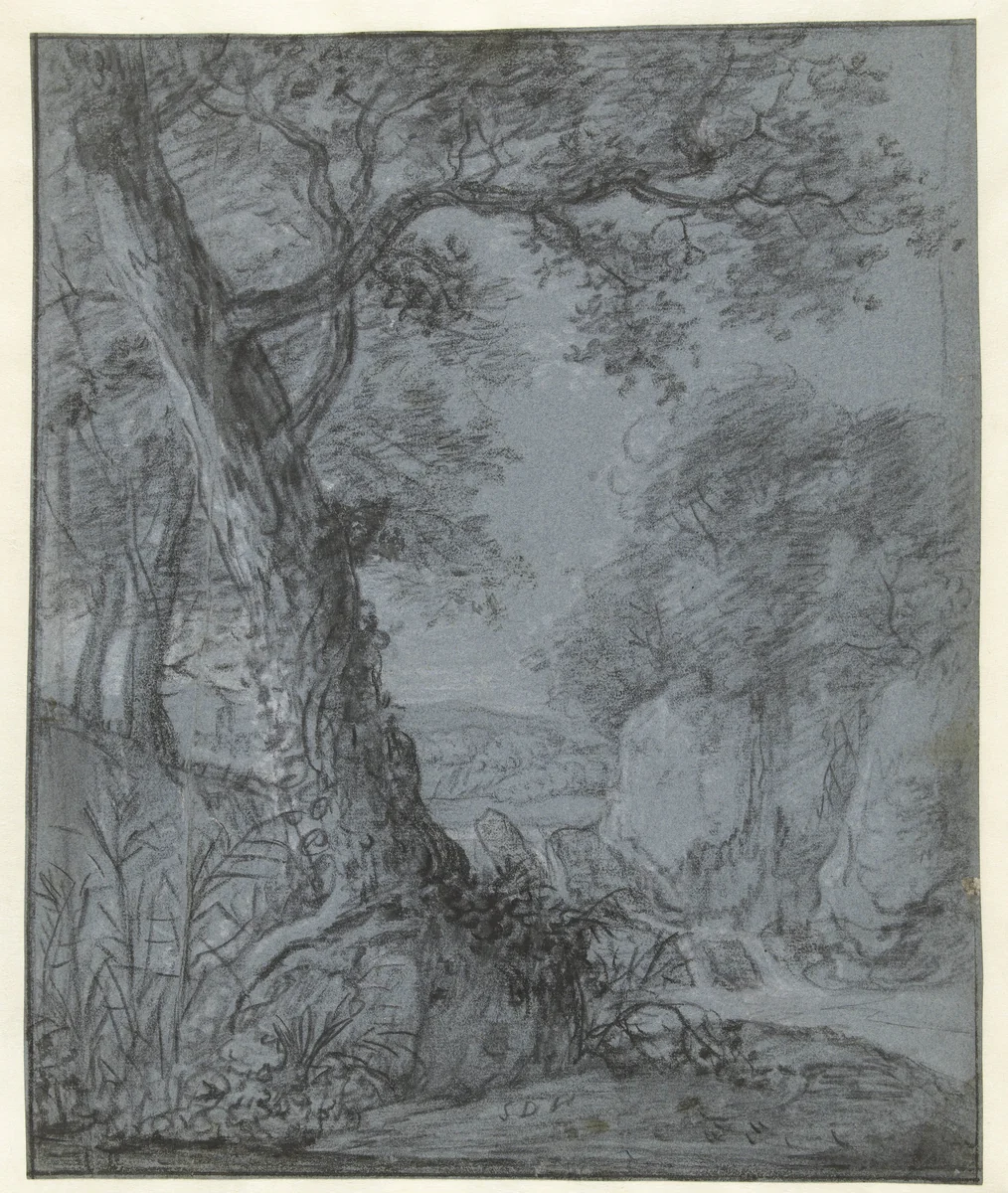 Boom in een heuvelachtig landschap met een waterval en rotsen by Simon de Vlieger, drawing, 1610-1653