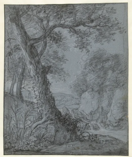 Boom in een heuvelachtig landschap met een waterval en rotsen by Simon de Vlieger, drawing, 1610-1653