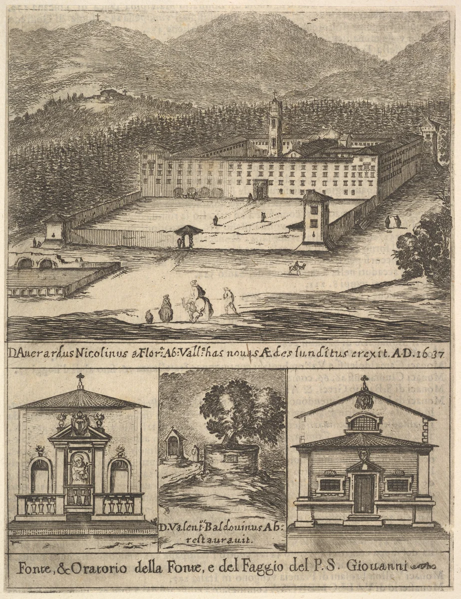 Four views: at top, a view of the new monastery of Vallombrosa, at bottom left and right, a view of a chapel, at bottom center, the tree of St. John Gualbert, from "Frontispiece and four scenes from the life of Saint John Gualbert" (Frontispice et quatre vignettes pour une vie de Saint Jean Gualbert) by Stefano della Bella, print, 1640