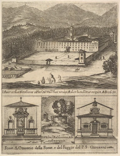 Four views: at top, a view of the new monastery of Vallombrosa, at bottom left and right, a view of a chapel, at bottom center, the tree of St. John Gualbert, from "Frontispiece and four scenes from the life of Saint John Gualbert" (Frontispice et quatre vignettes pour une vie de Saint Jean Gualbert) by Stefano della Bella, print, 1640