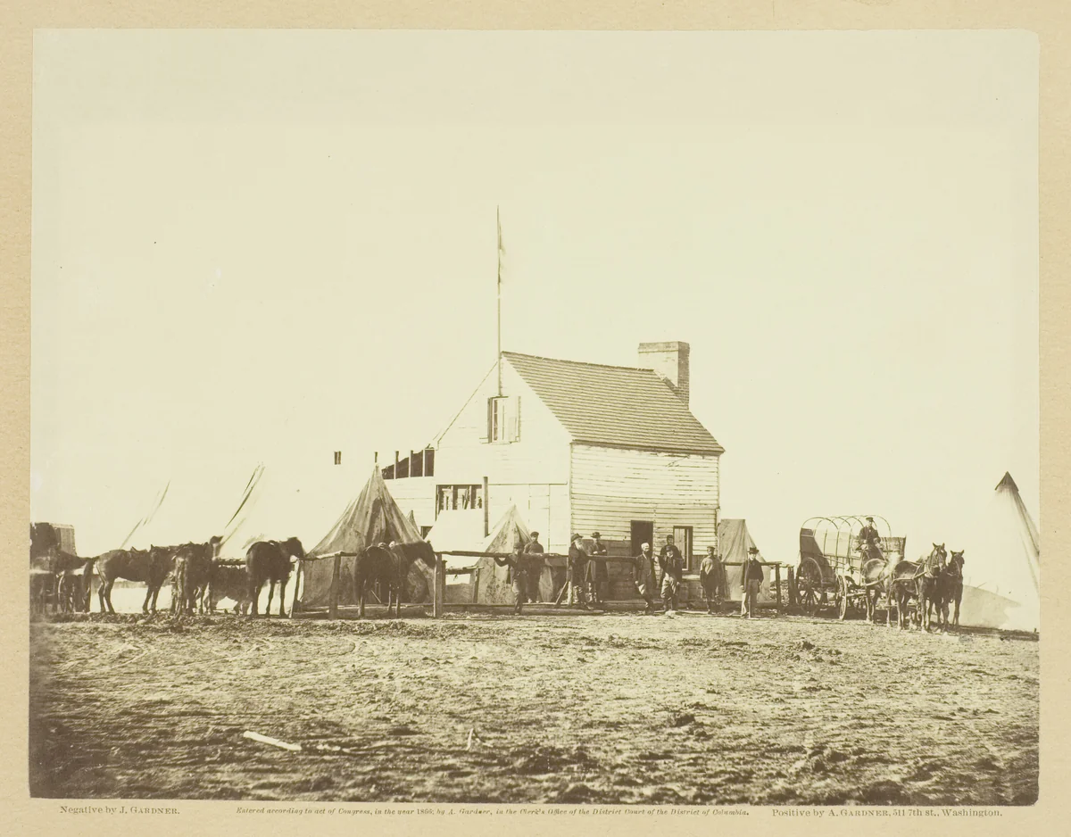 The Shebang, or Quarters of U.S. Sanitary Commission, Brandy Station by James Gardner, photograph, 1863