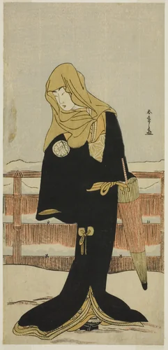 The Actor Segawa Kikunojo III as the Lady-in-Waiting Suho Disguised as Tsunokuniya Tsuna, in the Play Shitenno Tonoi no Kisewata, Performed at the Nakamura Theater in the Eleventh Month, 1781 by Katsukawa Shunsho (勝川 春章), print, 1776-1786