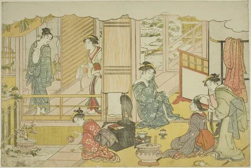The First Bath of the New Year (Yudono hajime), from the illustrated book "Colors of the Triple Dawn (Saishiki mitsu no asa)" by Torii Kiyonaga (鳥居清長), print, 1782-1792