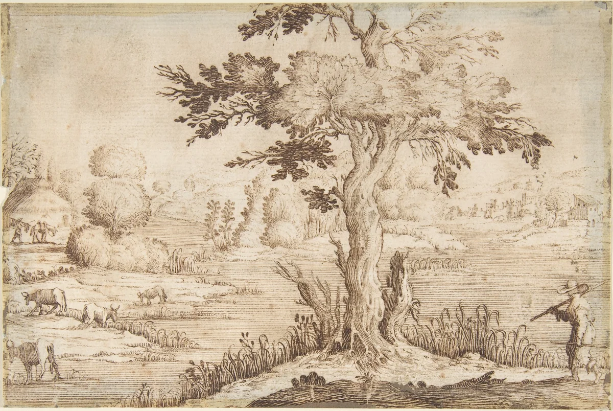 Shepherd in a Landscape by Jacques Callot, drawing, 1605-1635