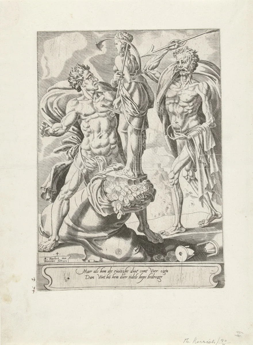 In het stervensuur baat geen rijkdom by Unknown, print, 1550