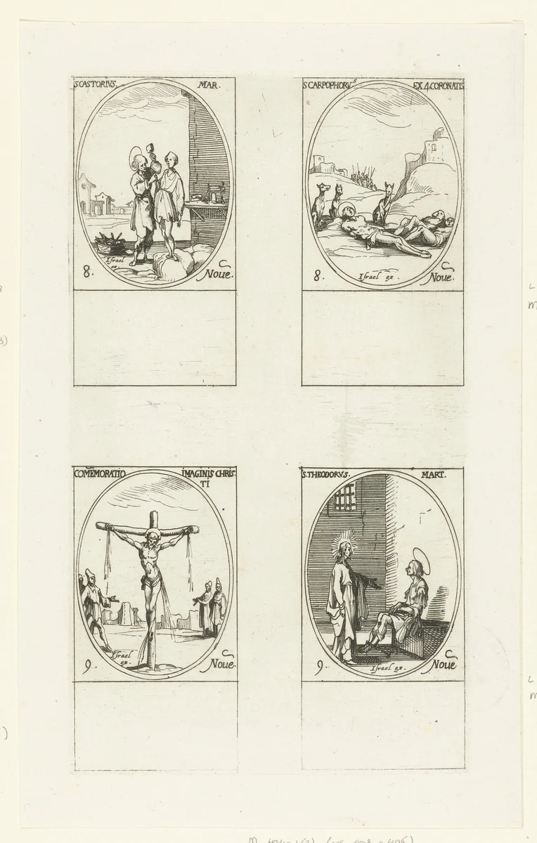 Heilige Castor, Heilige Carpophorus en de Vier Gekroonden, Kruisiging (Allerhoogste Verlosser), Heilige Theodorus Tiro van Euchaïta (8-9 november) by Jacques Callot, print, 1632-1636