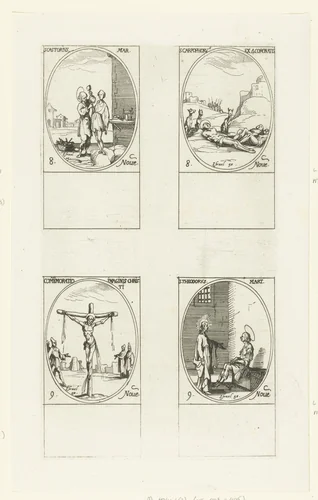 Heilige Castor, Heilige Carpophorus en de Vier Gekroonden, Kruisiging (Allerhoogste Verlosser), Heilige Theodorus Tiro van Euchaïta (8-9 november) by Jacques Callot, print, 1632-1636