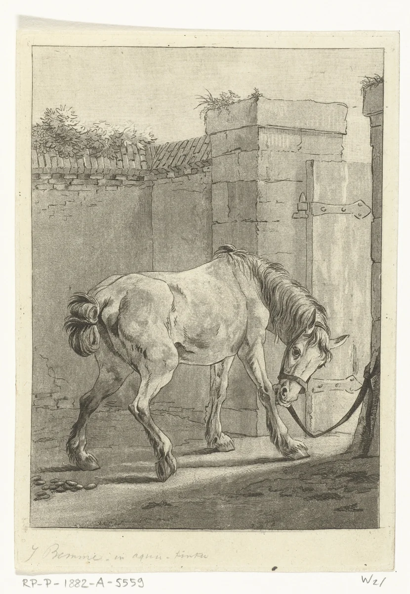 Een paard aan een paal vastgebonden by Joannes Bemme, print, 1802