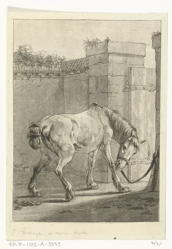 Een paard aan een paal vastgebonden by Joannes Bemme, print, 1802