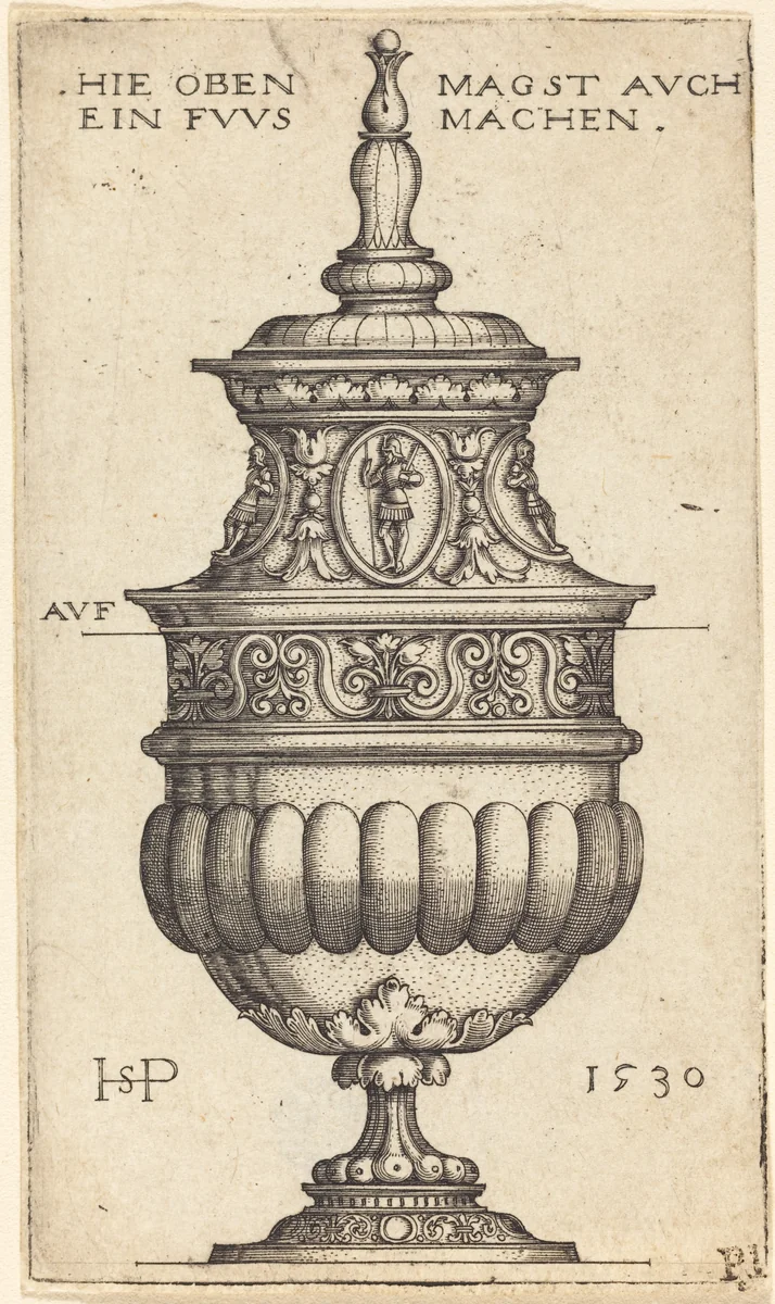 Double Goblet with Oval Medallions of Knights by Sebald Beham, print, 1530