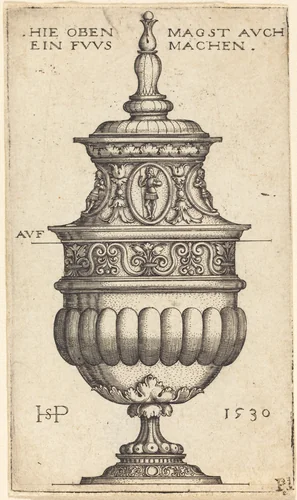 Double Goblet with Oval Medallions of Knights by Sebald Beham, print, 1530