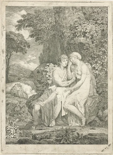 Orpheus troost Eurydice by Jean Grandjean, print, 1765-1781