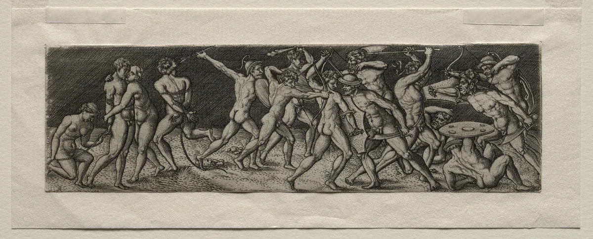 Fight between Eleven Warriors by Allaert Claesz, print, 1520-1530