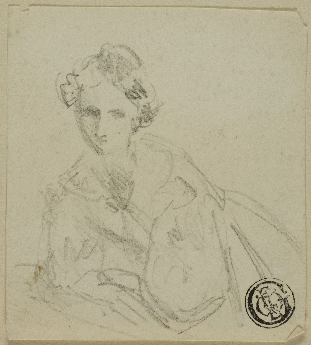 Half-Length Sketch of Woman in Evening Dress Leaning on Balustrade by Unknown Artist, drawing, 1800-1899