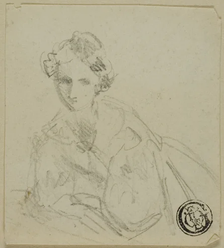 Half-Length Sketch of Woman in Evening Dress Leaning on Balustrade by Unknown Artist, drawing, 1800-1899