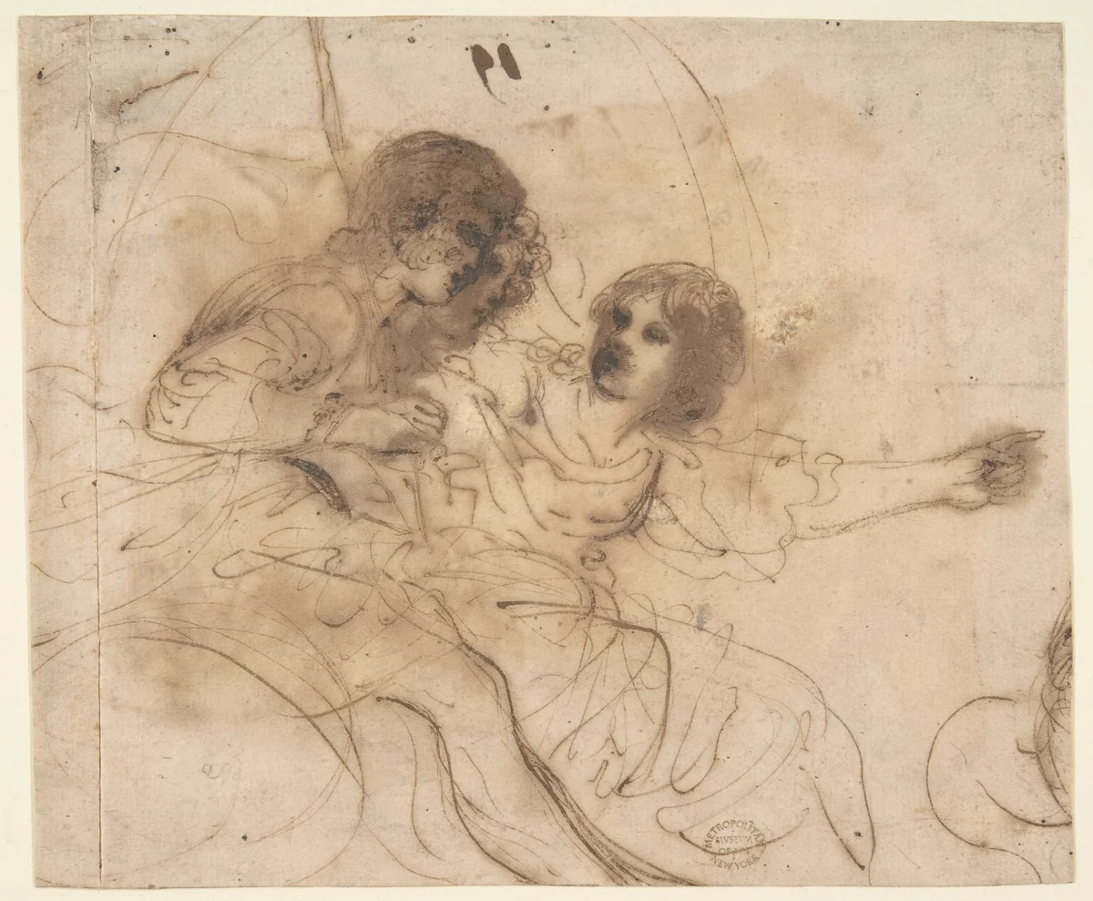 Youth in a Chariot with Attendant Young Woman by Guercino, drawing, 1616-1628