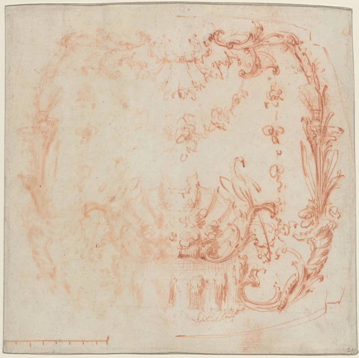 Rococo Wall Design with a Fountain and Swans [verso] by Jean Baptiste Joseph Pater, drawing, 1729