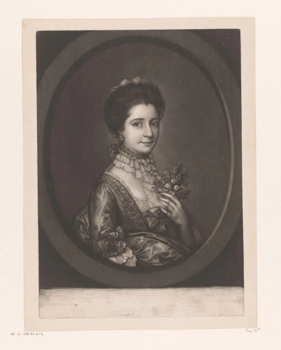 Portret van een vrouw, mogelijk Mary Richards by Jonathan Spilsbury, print, 1768